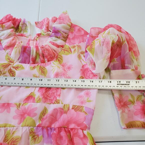 VINTAGE Floral Chiffon Maxi Dress Womens Small Pink Ruffle Neck Puff Sleeve 70s - Picture 7 of 11